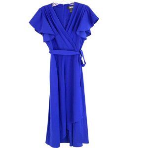 DKNY 6 Royal Blue Flutter Sleeve Wrap Midi Dress Size 6 High Low Hem RDD10672